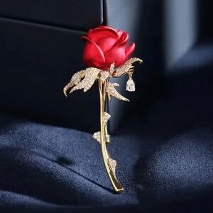 Elegant Red Rose Brooch with Gold Stem.